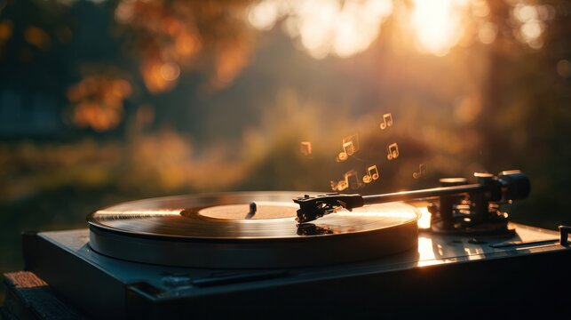 Vinyl Serenade: A vintage record player spins a classic vinyl record outdoors, releasing musical notes into the warm, inviting light of a perfect day. A scene that embodies the love of music, warmth.