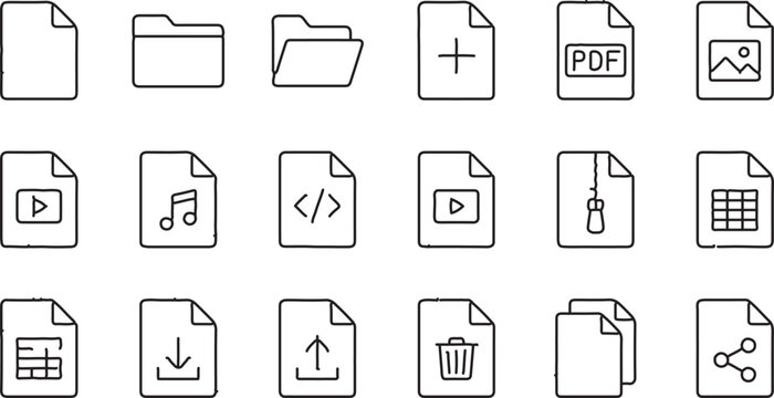 Set of Line Icons Representing Various Document and File Types for Digital Use