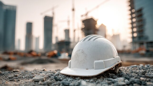Safety First: A white construction helmet sits prominently on a gravelly surface, with the bustling construction site, the towering skyscrapers, and working crane serving as a backdrop.