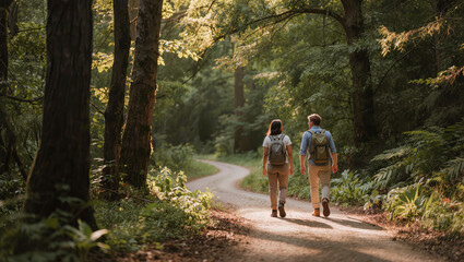 Obraz premium Couple with Backpacks Hiking on Winding Forest Trail Surrounded by Green Trees