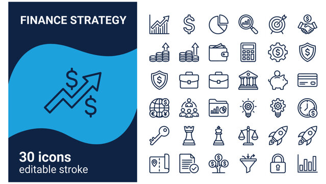 Collection of 30 thin line icons representing finance strategy business concepts including growth chart dollar signs money investments and security symbols