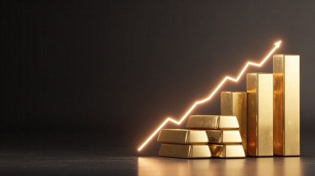 Golden Investment Growth: Visualize financial success with a display of gold bars and a glowing upward trend line against a sleek, dark backdrop, representing the growth of investment.