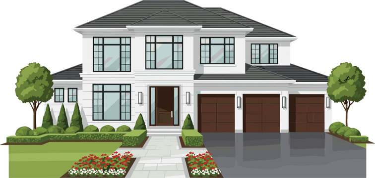 Modern luxury two story residential house exterior with large windows three car garage and beautiful front yard landscape garden vector illustration.