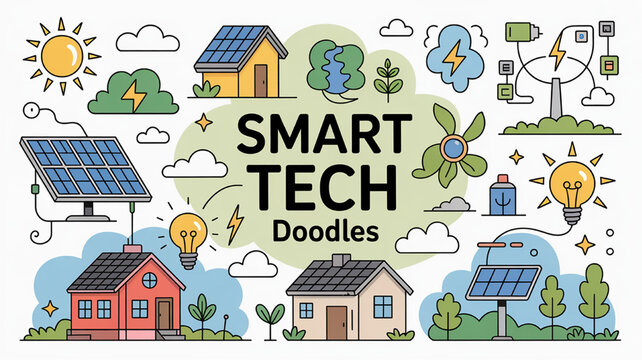Smart tech doodles featuring solar panels wind turbines and eco-friendly houses perfect for concepts of renewable energy and sustainable living