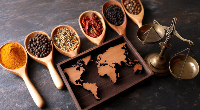 Assorted wooden spoons filled with colorful spices arranged around a world map and vintage scale