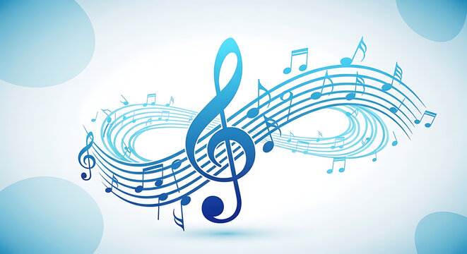 Creative blue musical notation background with flowing wave design