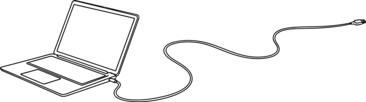 Laptop computer with charging cable line art illustration