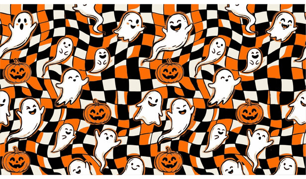 Wavy retro Halloween seamless pattern with cute ghost and pumpkin cartoon vector background design