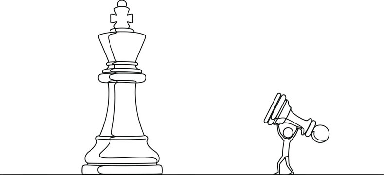 Little person holding a large chess king piece line drawing