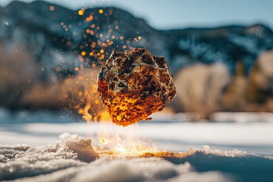 Frozen fruitcake exploding into icy particles against a snowy backdrop