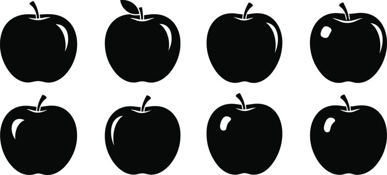 Apple silhouette set collection. Black fruit icons in different styles. Isolated simple shapes for food design, healthy concepts, logos, packaging, and educational illustrations.