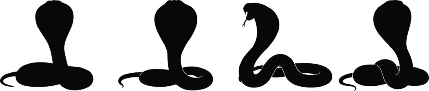 Cobra snake silhouettes set. Black venomous serpents in different poses. Isolated reptile shapes for wildlife, danger concepts, tattoo or logo design.