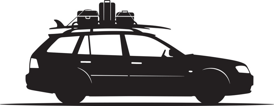 Family station wagon car silhouette with luggage and surfboard on roof rack for road trip vacation and travel transportation.