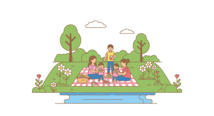 Obraz premium Flat illustration of a family having a picnic on a blanket by a river in a lush green park with trees and flowers.