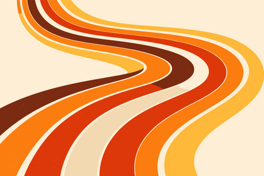 Retro 1970s Style Background with Abstract Dynamic Wavy Lines and Curved Ribbons. Vintage 70s Groovy Serpentine Stripes in Orange, Yellow, and Brown. Minimalist Vector Illustration for Design.