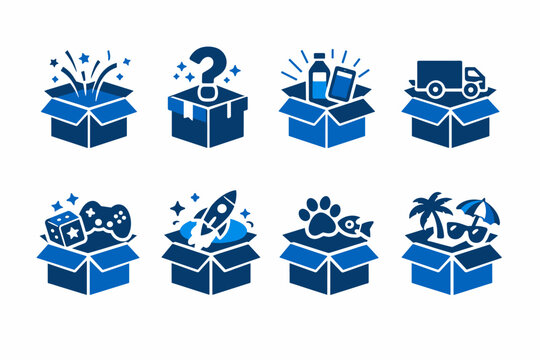 Subscription Box Icon Set Featuring Blue Unboxing Mystery Gifts, New Product Delivery, Gaming, Pets, Travel, and Tech Themes. Flat Vector Illustrations for E-commerce and Monthly Surprise Services.