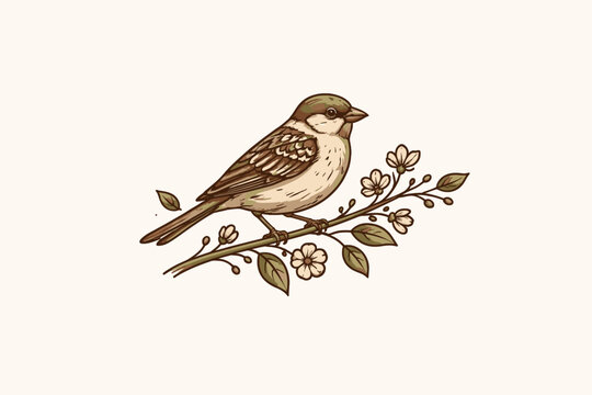 Elegant Vintage Sparrow Vector Illustration Perched on a Flowering Tree Branch with Delicate Blossoms and Leaves, Ideal for Organic Branding, Nature-Inspired Logo Design, and Rustic Art Decor.