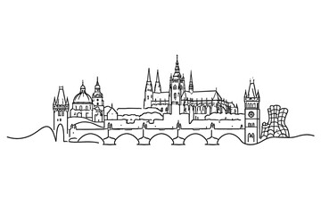 Fototapeta premium Elegant single-stroke graphic of a historic European riverfront skyline, featuring a medieval stone bridge, hilltop palace, and avant-garde architectural landmarks in a modern ink style.