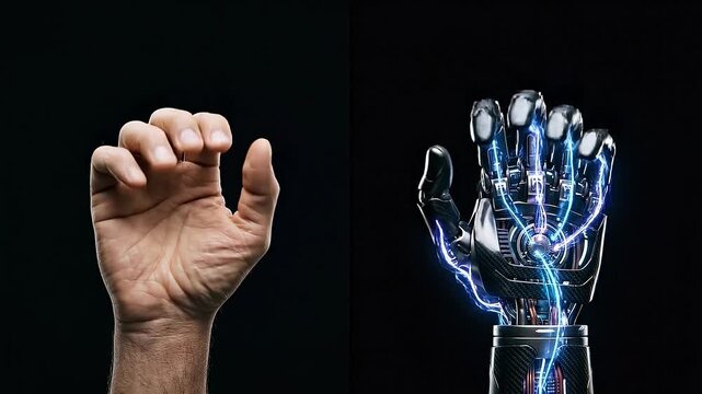 Human and robotic hands gesture and move against black background