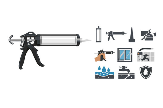 Professional skeleton sealant gun for caulks cartridge mockup with set of icons for construction, home repair, and waterproofing. Vector illustration of caulking tool isolated on white background.