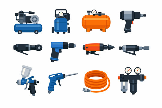 Pneumatic Air Tool Icon Set Featuring Air Compressor, Storage Tank, Impact Wrench, Drill, Chisel, Spray Gun, Blow Gun, Hose, and Regulator. Simple Flat Vector Illustration for Industrial Workshop.