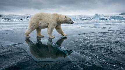 Fototapeta premium Polar bear walking on reflective ice with dramatic sky