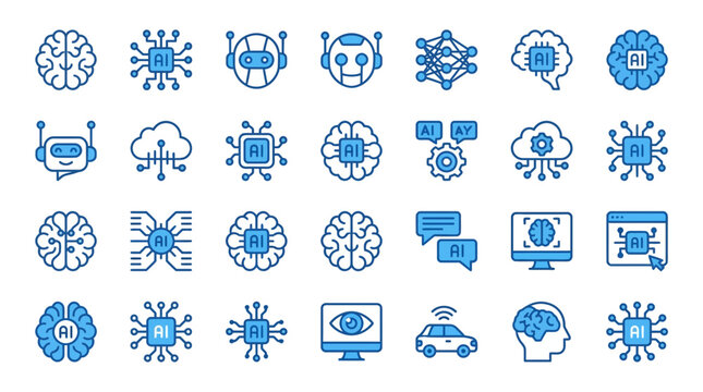 Blue vector icon set with different shapes in a seamless pattern design featuring symbols, flowers, gears, circles and decorative business web logo elements