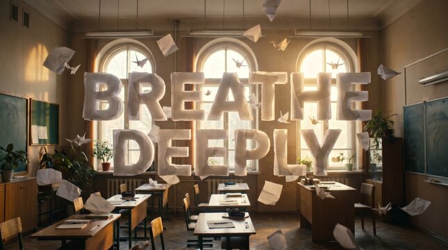 Breathe Deeply in a Classroom Setting With Papers Floating
