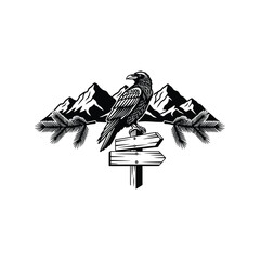 Obraz premium Black raven bird perched on a wooden signpost with mountain peaks and pine tree branches in a vintage woodcut style