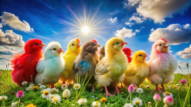A photo of colorful chickens posing together in a lush green field A closeup of fluffy chicks in various shades  red, yellow, blue, green, and whit