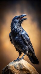 Obraz premium A photo of a black raven with an open beak sitting on a stone