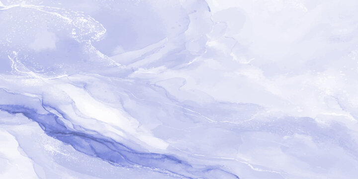 Soft lavender alcohol ink abstract texture with ethereal white clouds and fluid purple waves for dreamlike background.