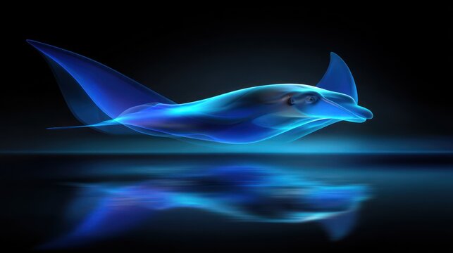 A blue, abstract stingray swims, mirrored in dark water