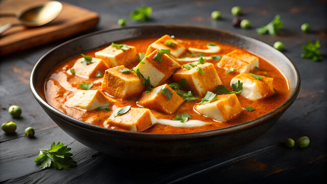 Delicious paneer butter masala in a bowl on a wooden table