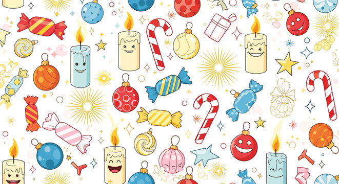 Playful seamless pattern with hand drawn christmas doodles including candles, candy canes, stars, and ornaments on white.