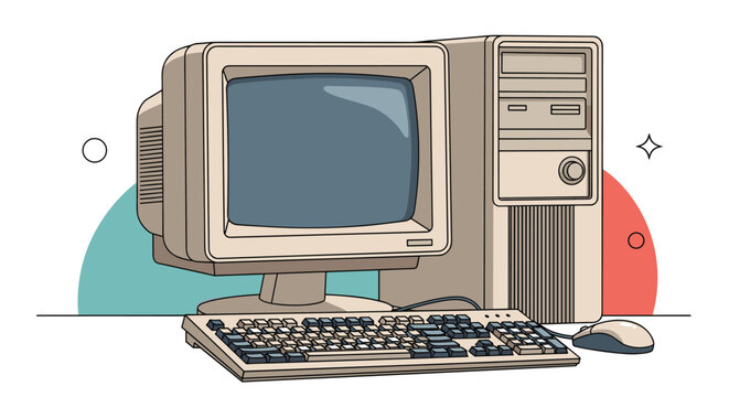 Retro desktop computer setup including a bulky monitor, system unit, keyboard, and mouse is shown in a stylized illustration with background.