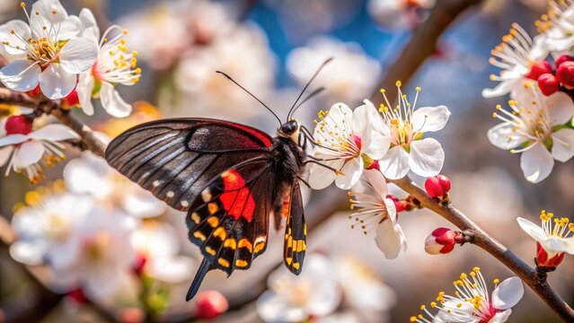 A photo of a black butterfly alighting on a plum blossoms delicate petals, capturing the intricate patterns on both the insect and flower The vibran
