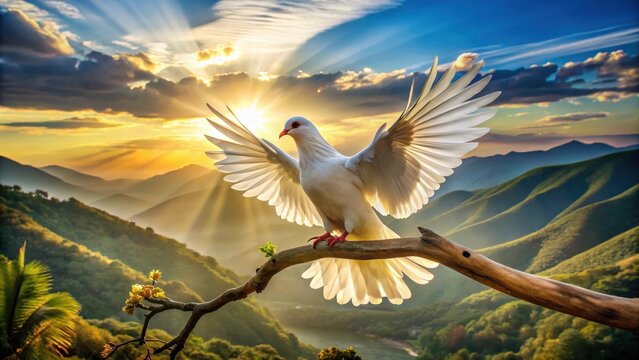 A closeup of a pristine white dove standing and flapping its wings on a weathered branch overlooking the vast mountain sky The doves feathers glist