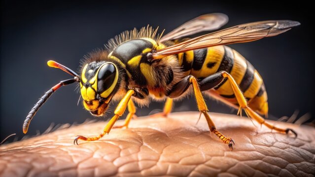 A closeup of a striped dangerous insect wasp painfully injects a sting into human skin