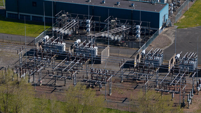 Aerial view of the NAM Grijpskerk UGS facility with electrical transformers and industrial infrastructure in Grijpskerk, Groningen, Netherlands.