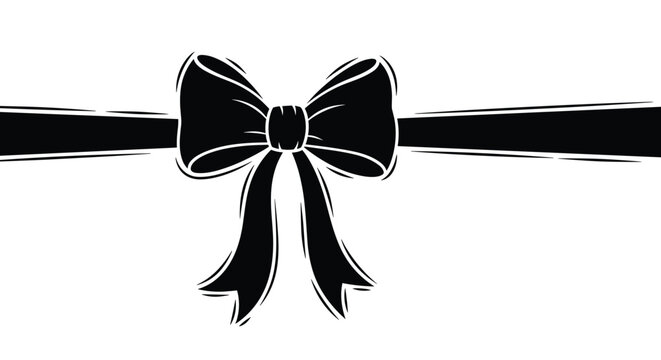 Stylized black silhouette of a decorative ribbon bow with flowing ends provides a versatile graphic for gift packaging.