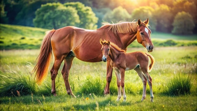 A photo of a red mare and her foal grazing on lush green pastureland The mare has flowing mane and tail, while the foal looks curious and playful