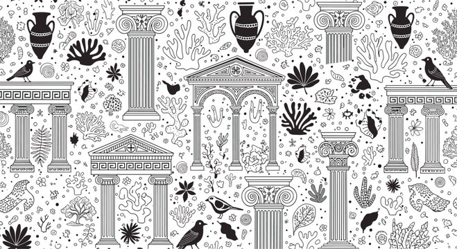 Intricate black and white pattern of ancient greek architecture includes columns, temples, amphorae, and wild birds.