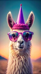 Fototapeta premium A photo of a cheerful pink llama wearing purple sunglasses and a birthday cap on a pastel background