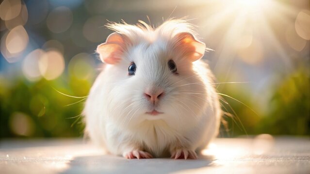 A photo of a fluffy white guinea pig with large round eyes looking intently at a pristine white background