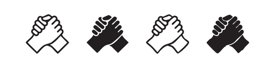 Obraz premium Clasped Hands and Unity Icons Set, Strength and Partnership Vector Symbols, Arm Wrestling and Teamwork Elements Collection