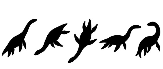 A set of five black silhouettes depicting various prehistoric plesiosaurs and marine reptiles in different swimming poses © Yuli