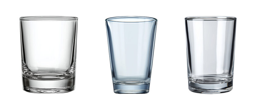 Three different empty glass shot glasses for alcohol isolated on transparent background