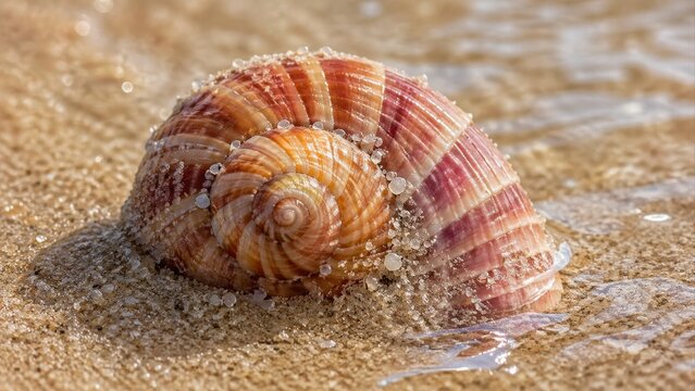 Spiral Seashell On Wet Beach Sand