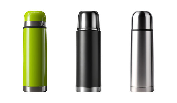 Three colorful thermos flasks for hot and cold drinks isolated on transparent background